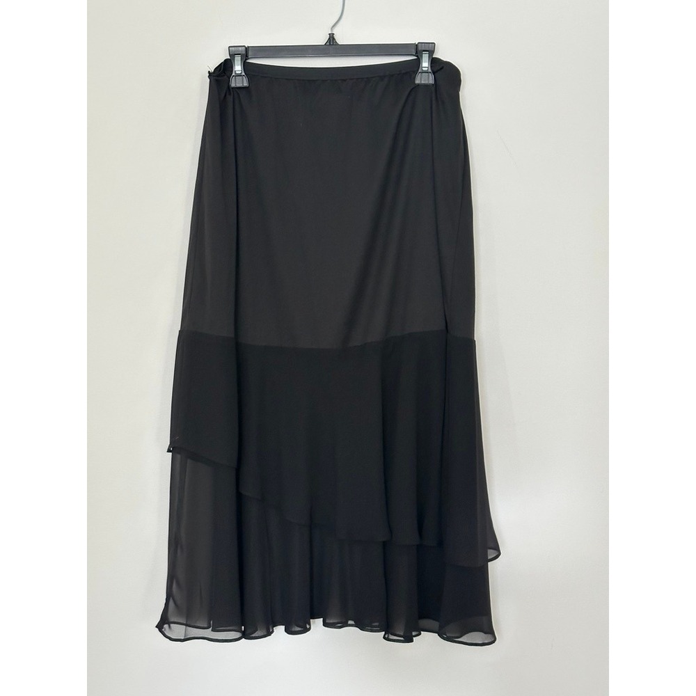 Jeanne Alexander Tiered Chiffon Maxi Skirt Womens XL Black Elastic Waist Layered